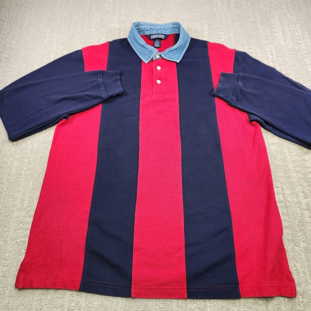 Vintage Lands End Rugby Shirt Men‎ Large Denim Chunky Vertical Striped Blue Red - Picture 2 of 9